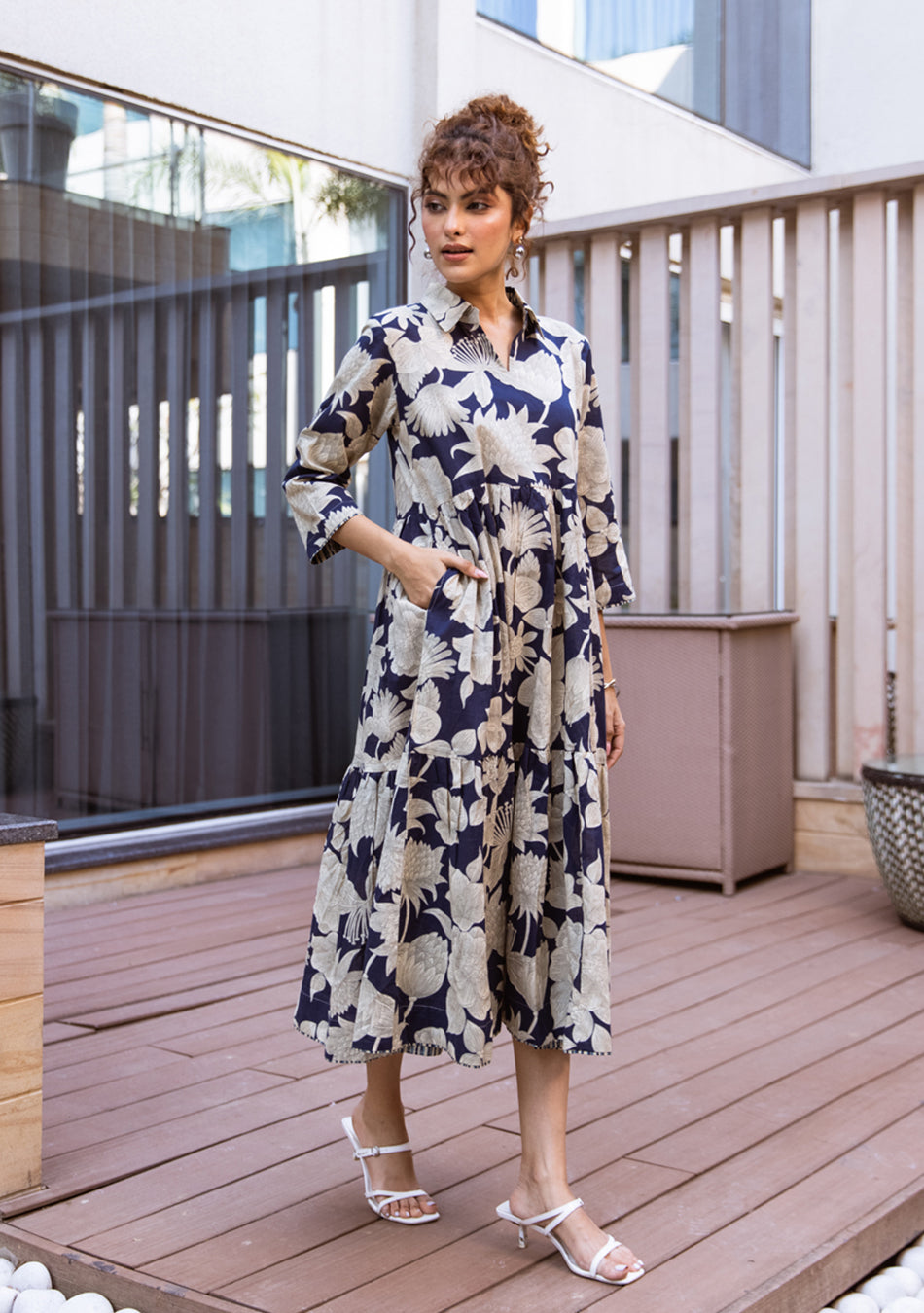 Navy Botanical Tiered Dress