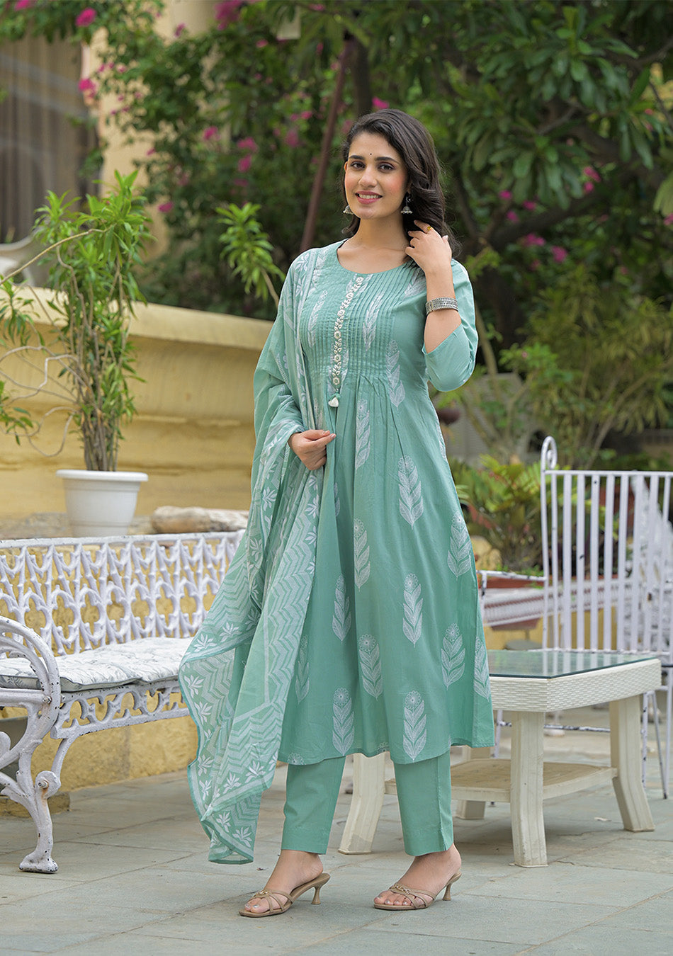 Teal Green Cotton Pintuck Design Kurta pant set with Dupatta