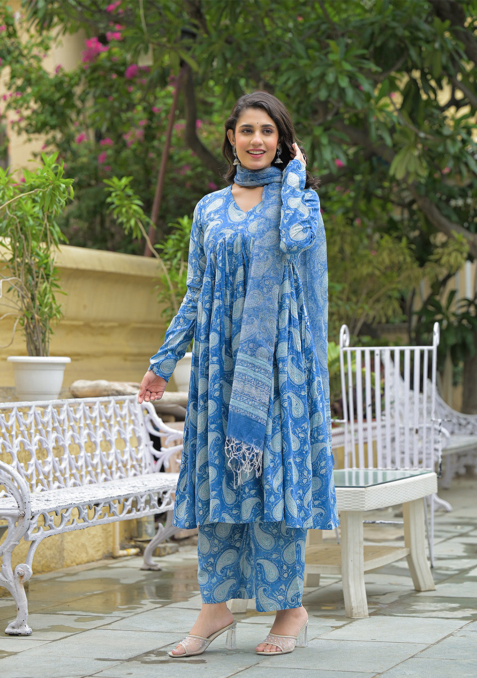 Blue Cotton Paisley Printed Kurta Pant Set With Dupatta