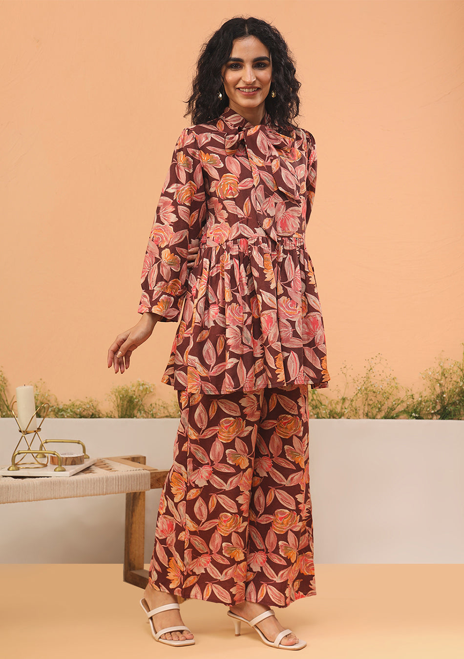 Maroon Floral Print Muslin Peplum Top With Bell-Bottom