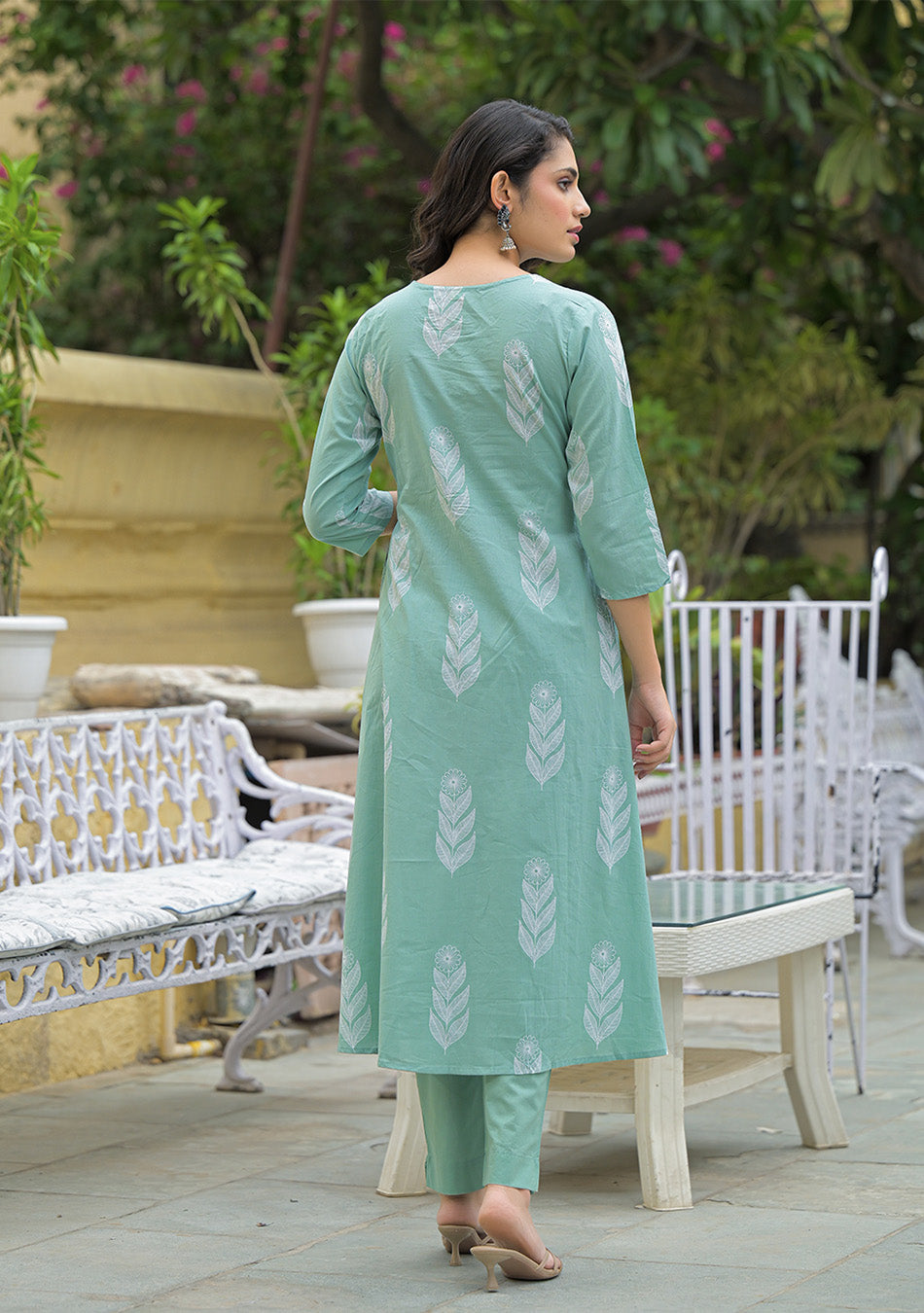 Teal Green Cotton Pintuck Design Kurta pant set with Dupatta