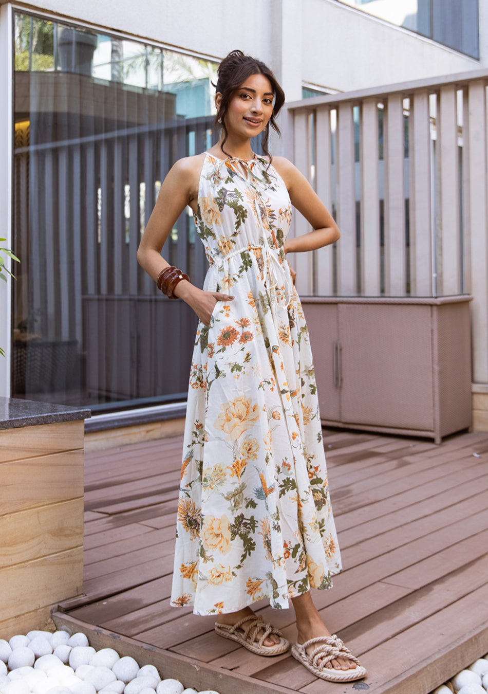 IVORY BOTANICAL HALTER MAXI DRESS