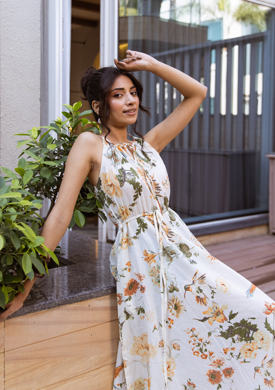 IVORY BOTANICAL HALTER MAXI DRESS