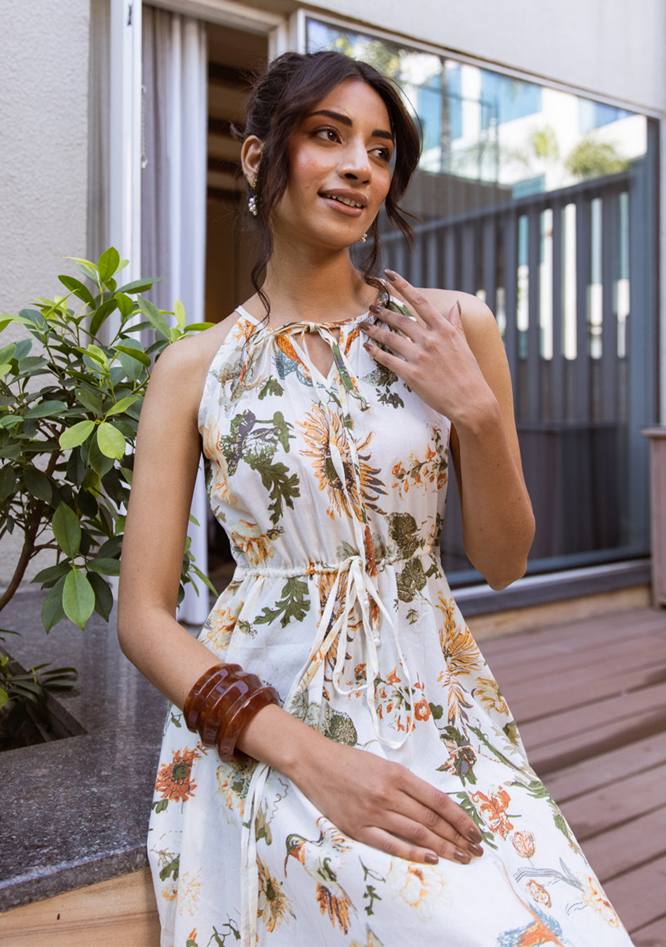 IVORY BOTANICAL HALTER MAXI DRESS