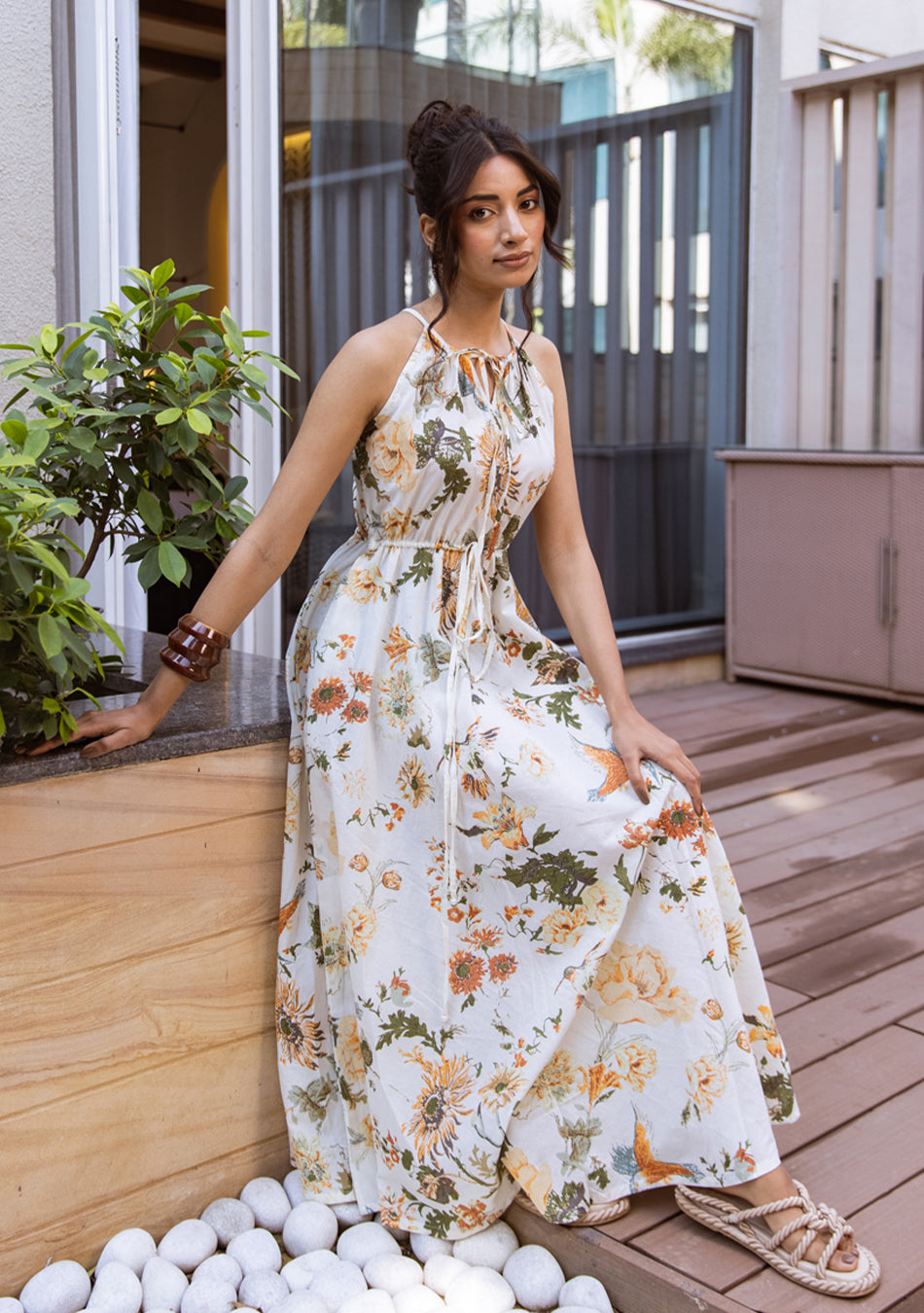 IVORY BOTANICAL HALTER MAXI DRESS