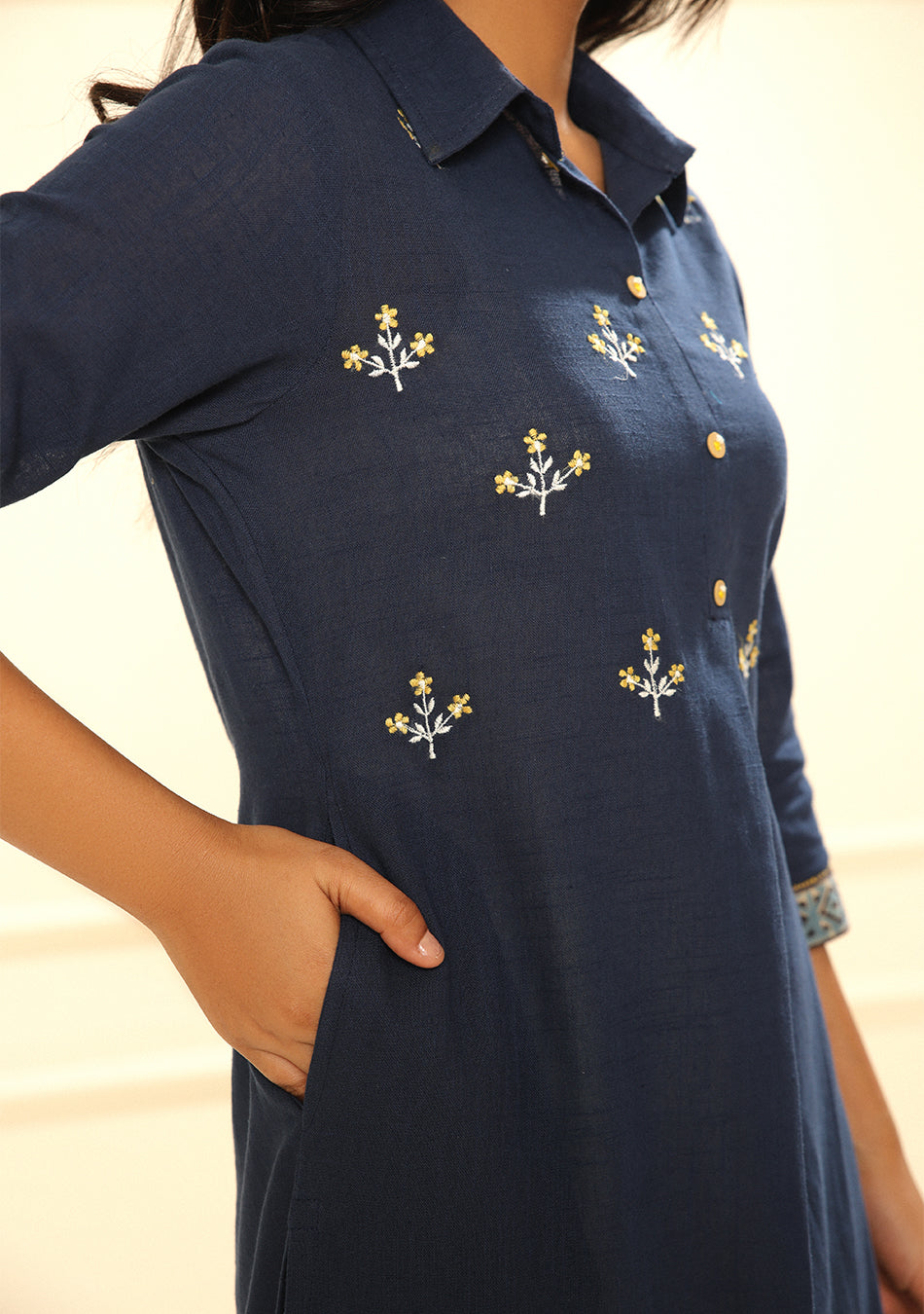 Navy Blue Solid Cotton Kurta