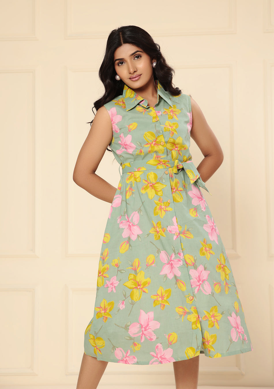 Sage Green Floral Print A-Line Midi Dress