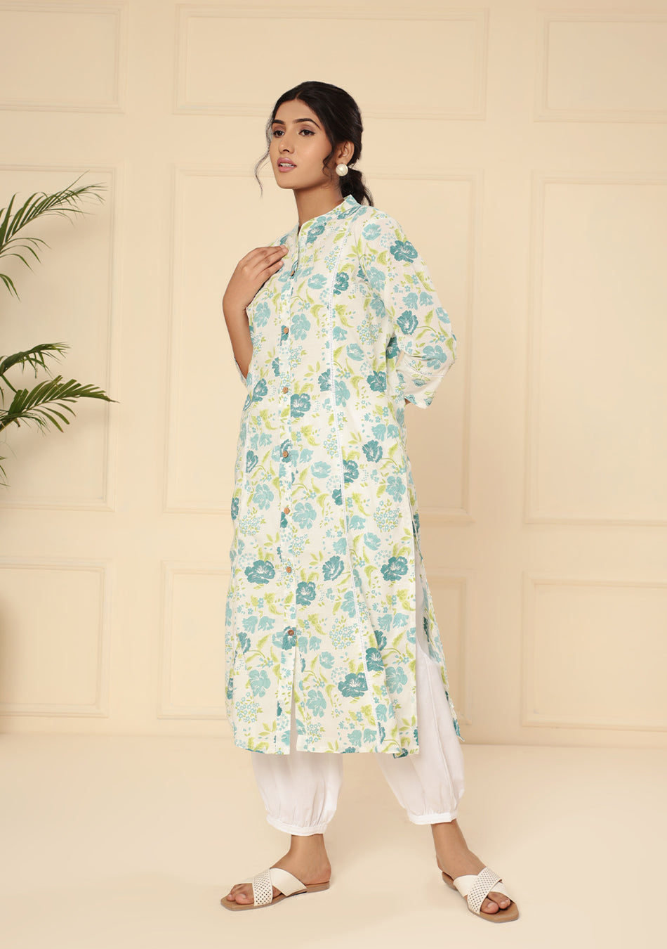 White Floral Printed A-Line Kurta