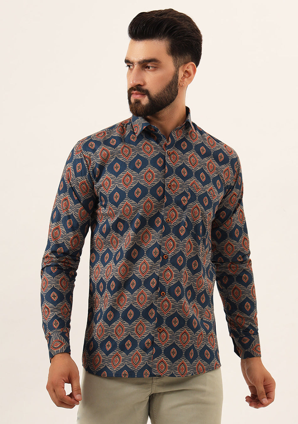 Blue Printed Pure Cotton Regular Fit Casual Shirt