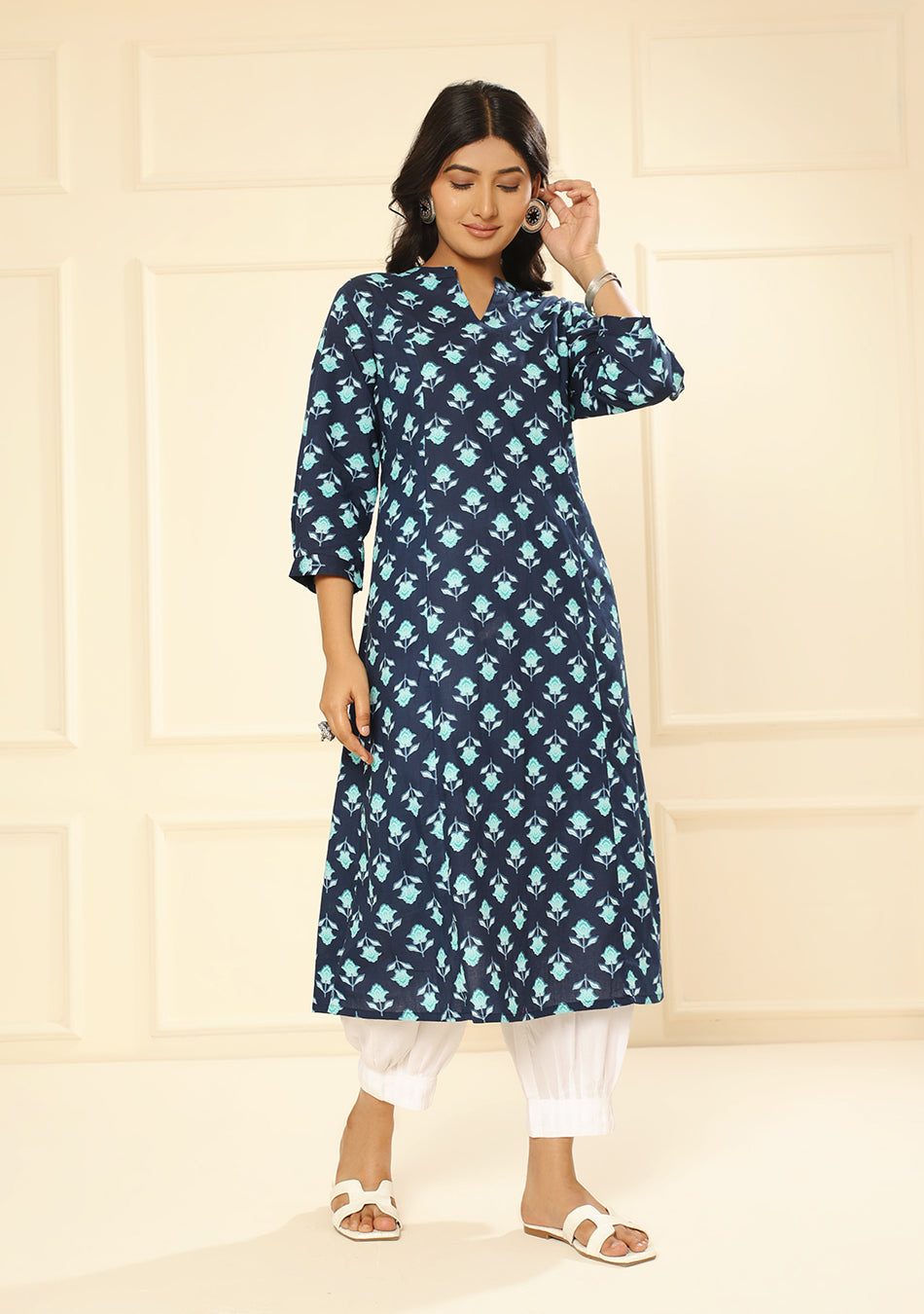 Teal Flower A-Line Kurta