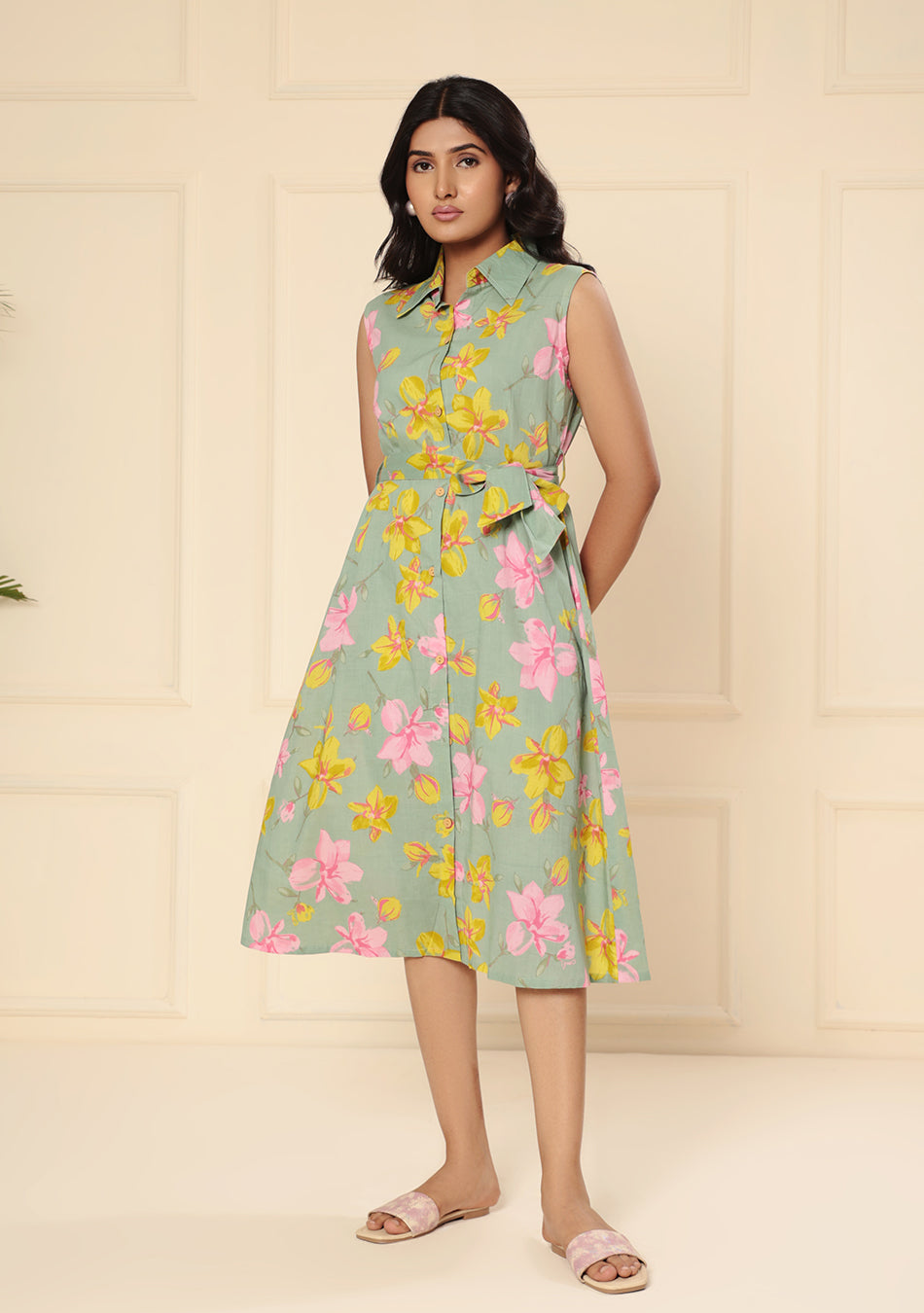 Sage Green Floral Print A-Line Midi Dress