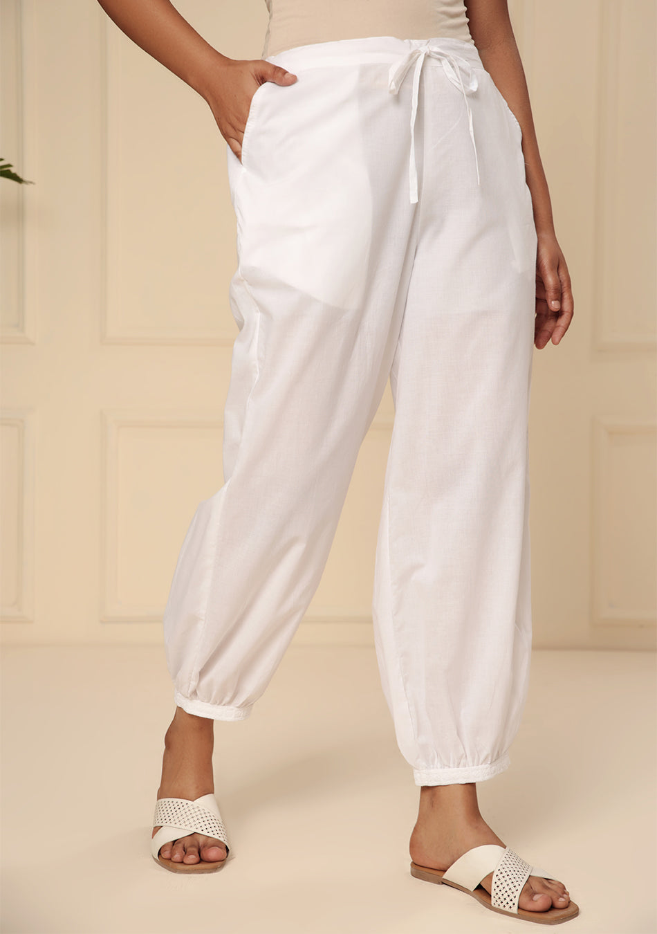 WHITE EMBROIDERED LACE CUFF PANT