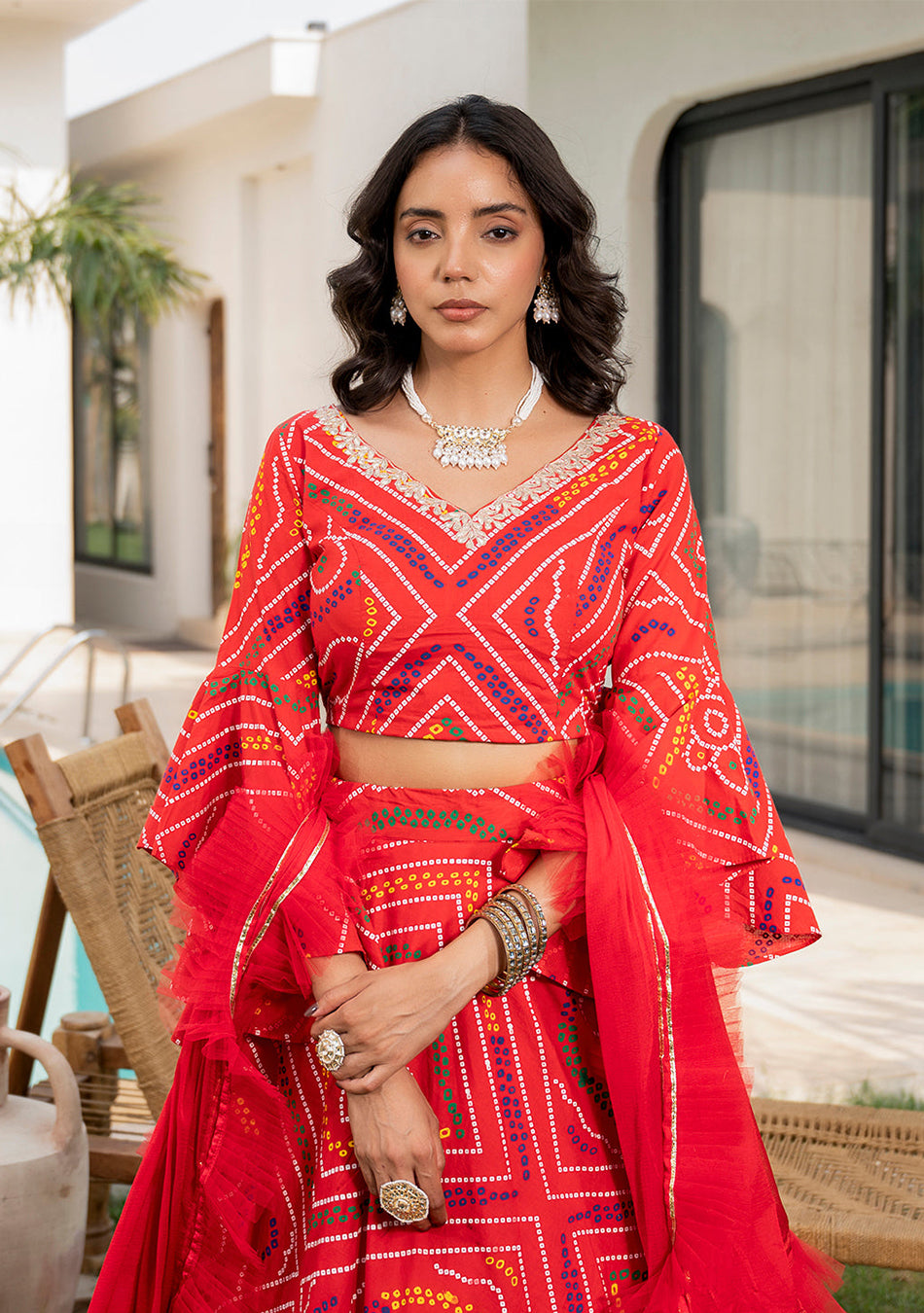 Bandhani Printed Cotton Lehenga & Blouse With Dupatta