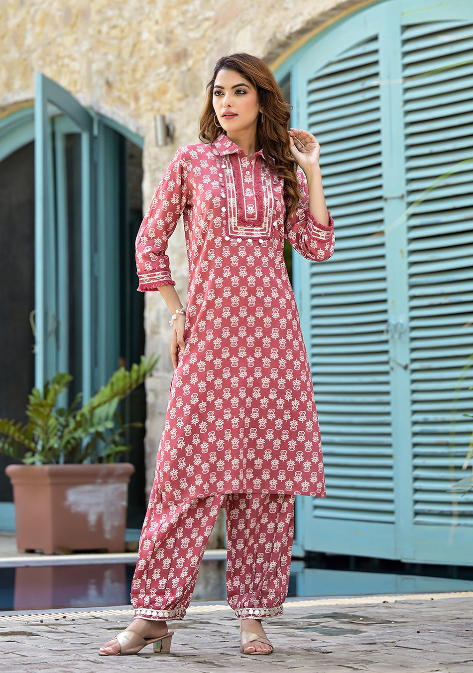 Peach Cotton Straight Knee Long Co-Ord Set or Pathani Suit