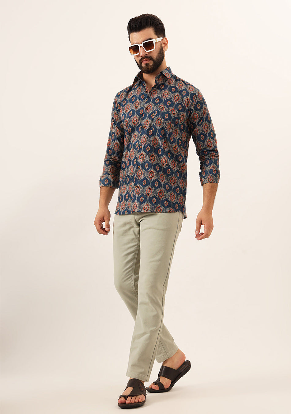 Blue Printed Pure Cotton Regular Fit Casual Shirt