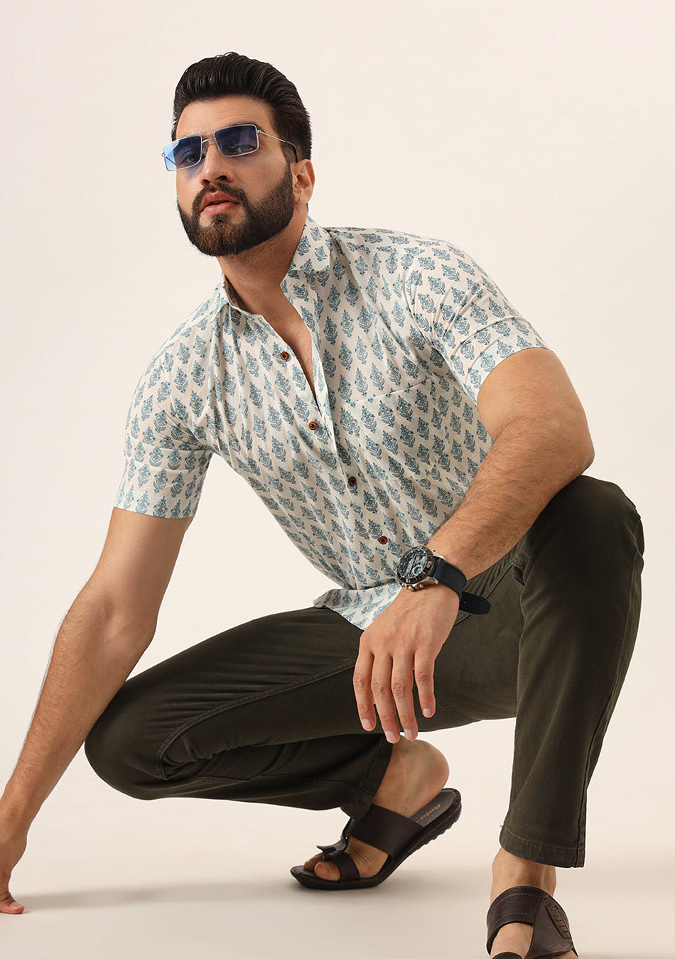 Sky Blue Geometric Pure Cotton Regular Fit Casual Shirt for Men