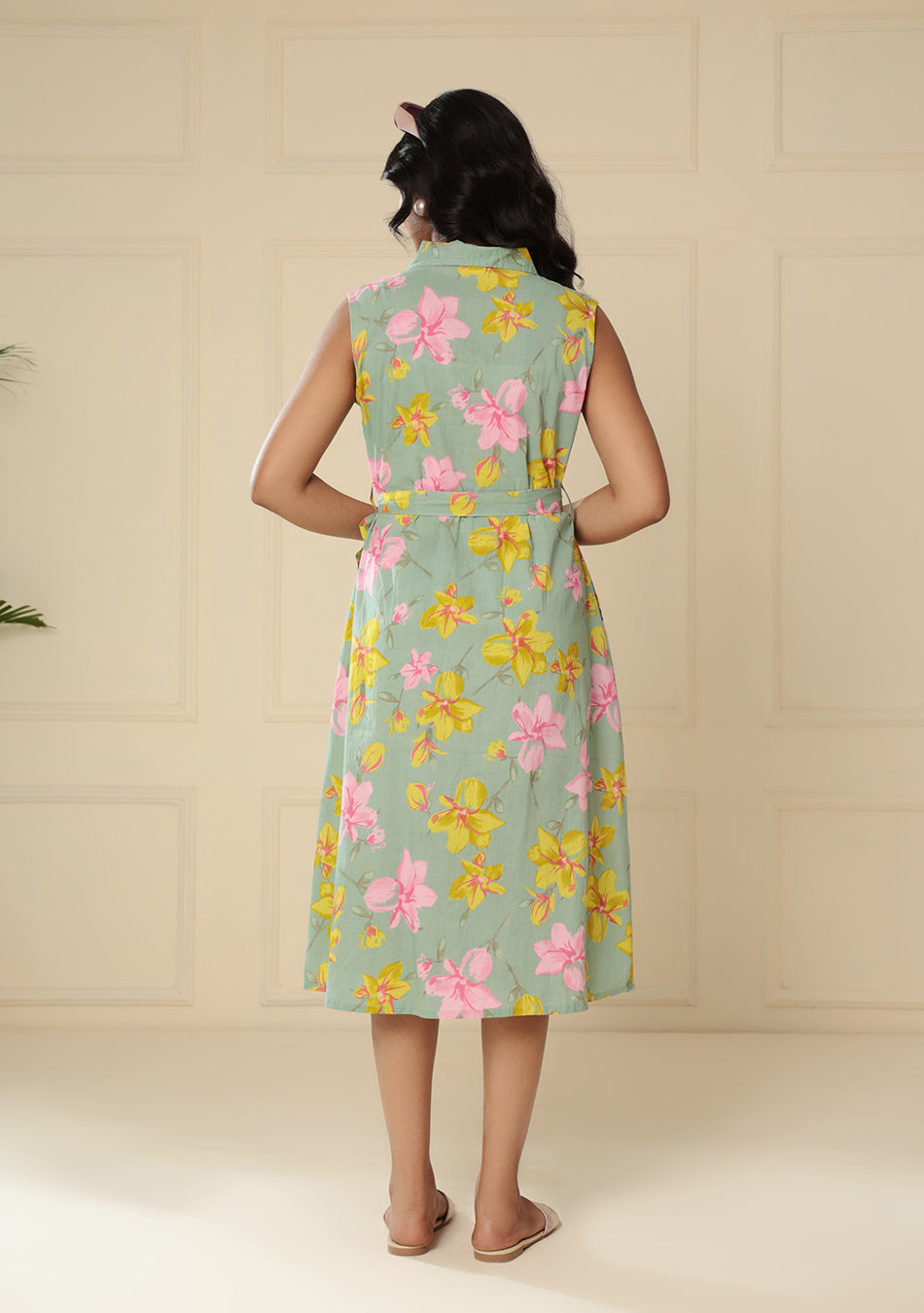 Sage Green Floral Print A-Line Midi Dress