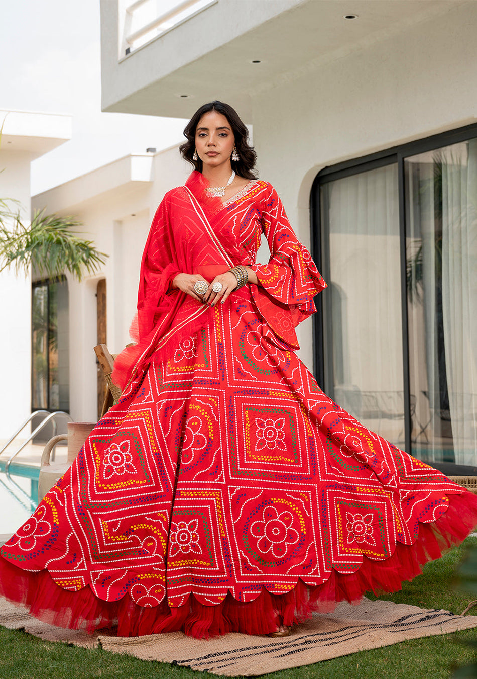 Bandhani Printed Cotton Lehenga & Blouse With Dupatta
