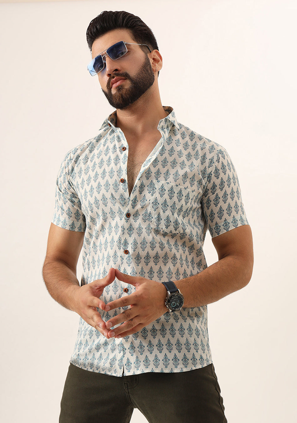 Sky Blue Geometric Pure Cotton Regular Fit Casual Shirt for Men