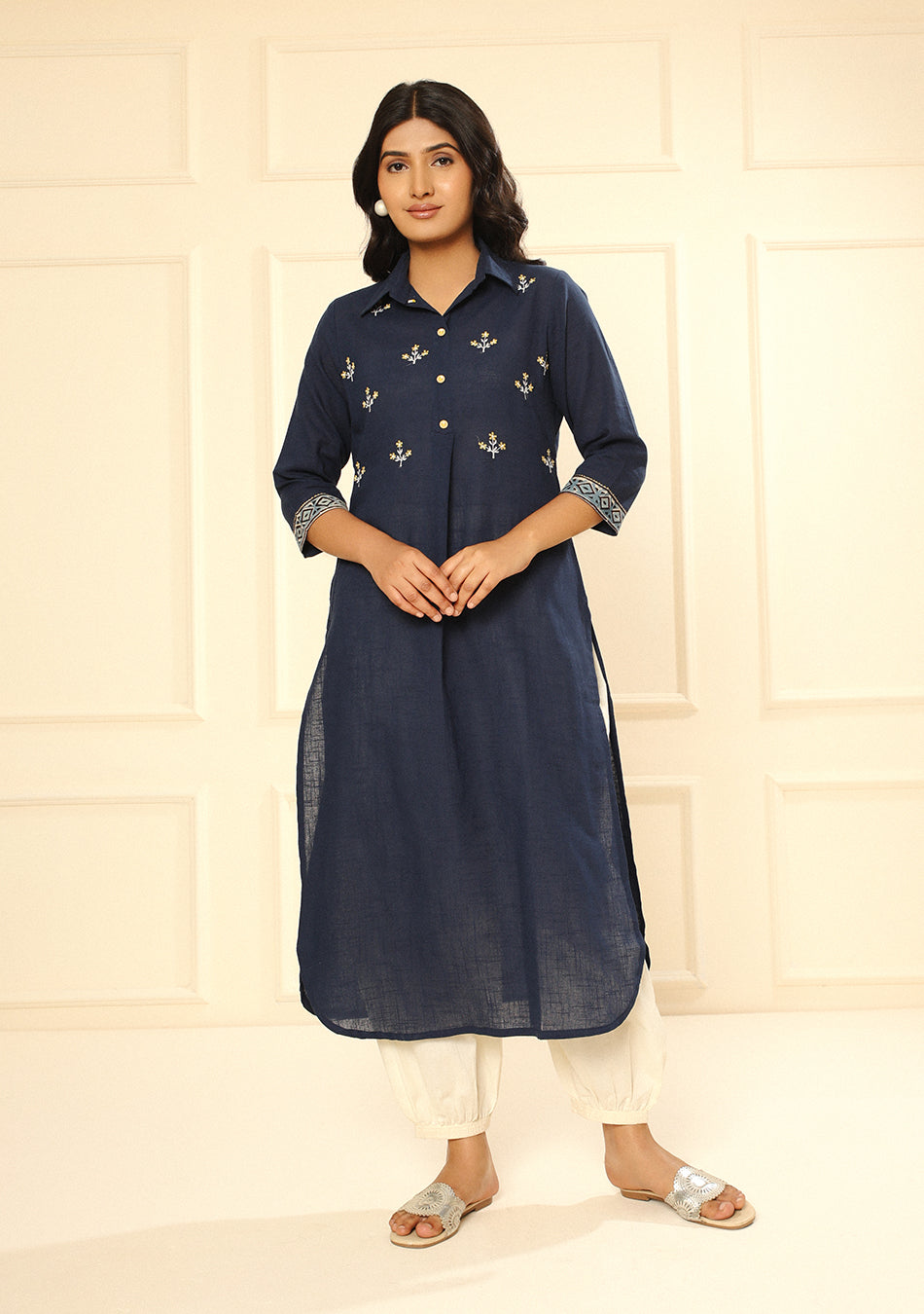 Navy Blue Solid Cotton Kurta
