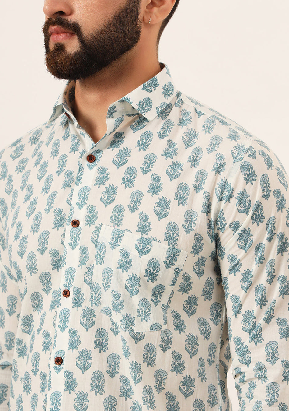 White Floral Print Pure Cotton Regular Fit Casual Shirt