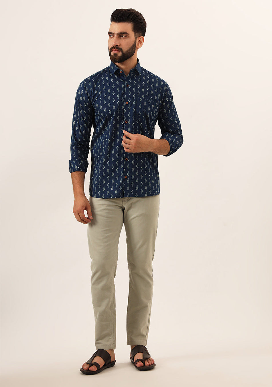 Indigo blue Floral Print Pure Cotton Regular Fit Casual Shirt