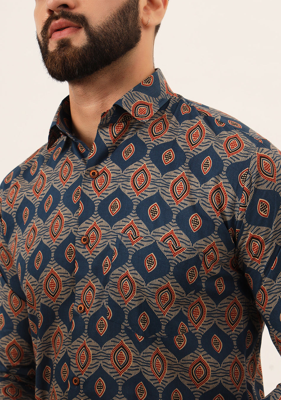 Blue Printed Pure Cotton Regular Fit Casual Shirt