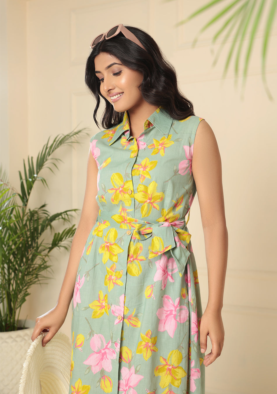 Sage Green Floral Print A-Line Midi Dress