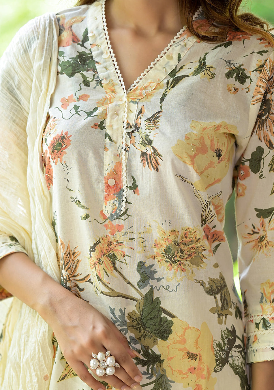 Cream Floral Printed Straight Cotton Kurta Set