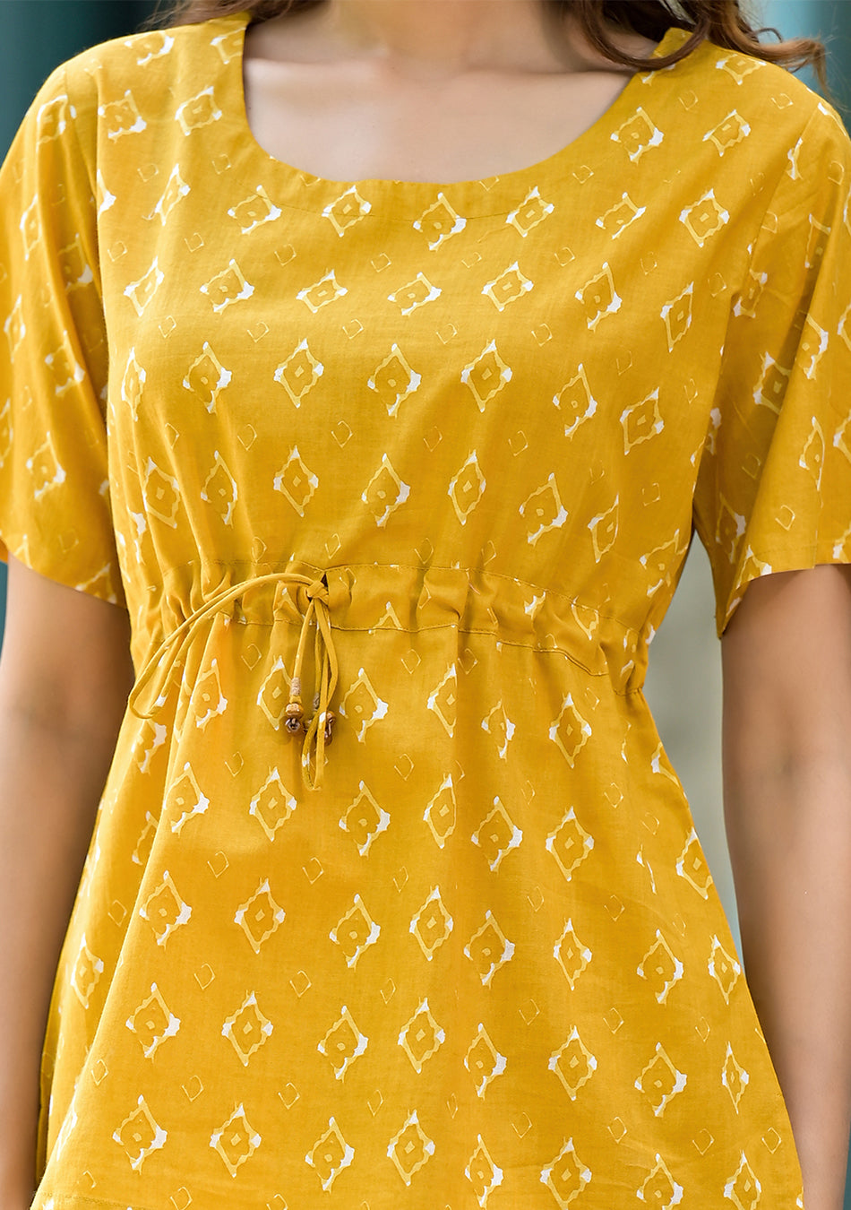 Mustard Cotton A-line Night Suit with Adjustable Waist Dori