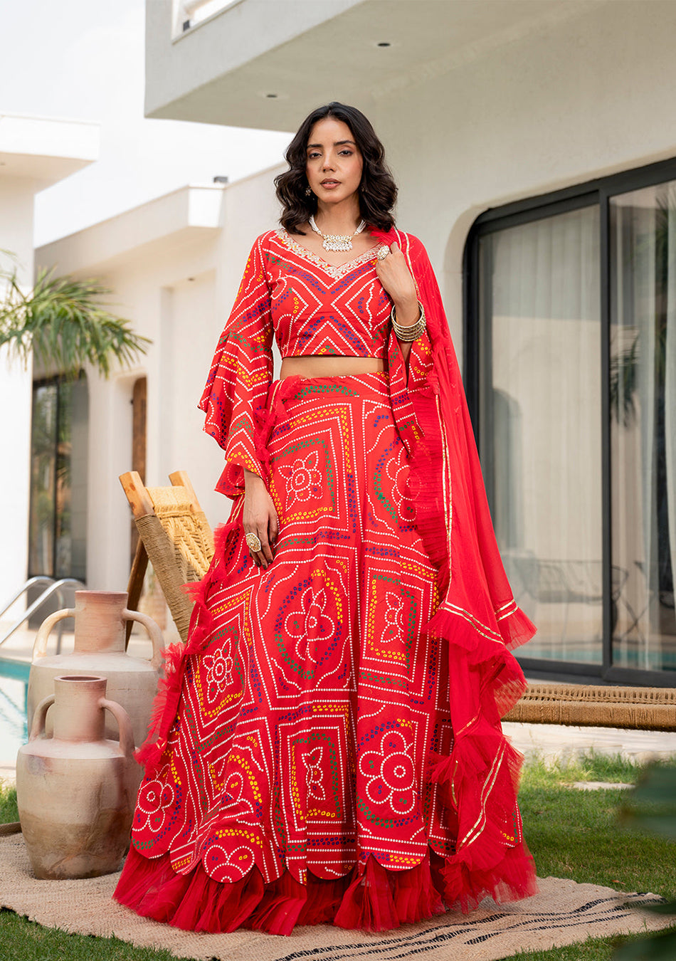 Bandhani Printed Cotton Lehenga & Blouse With Dupatta