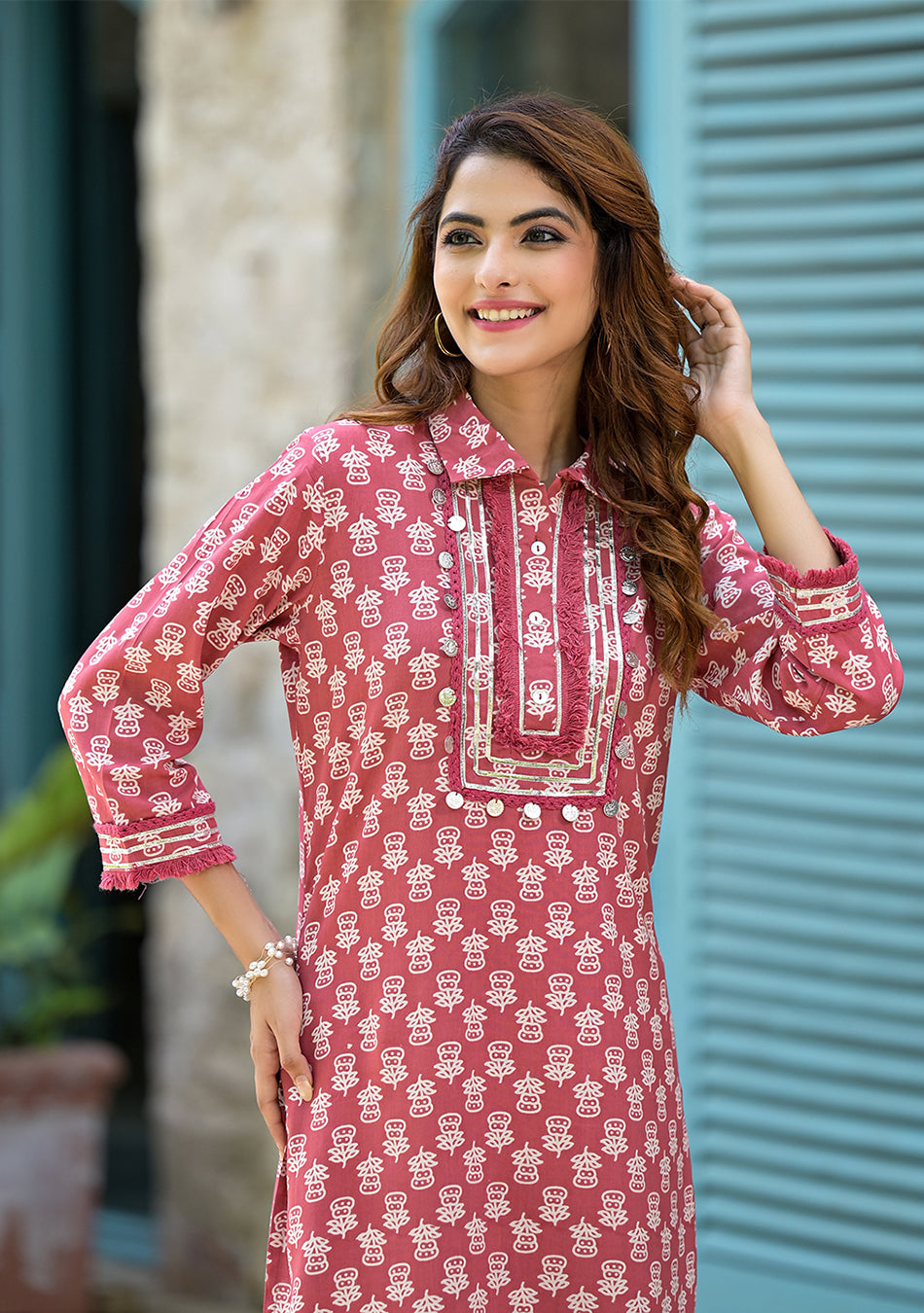 Peach Cotton Straight Knee Long Co-Ord Set or Pathani Suit