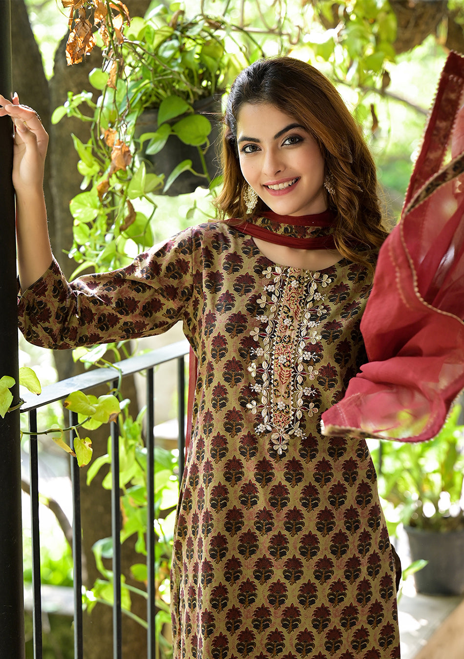 Brown Straight fit Zardozi Cotton Kurta Set