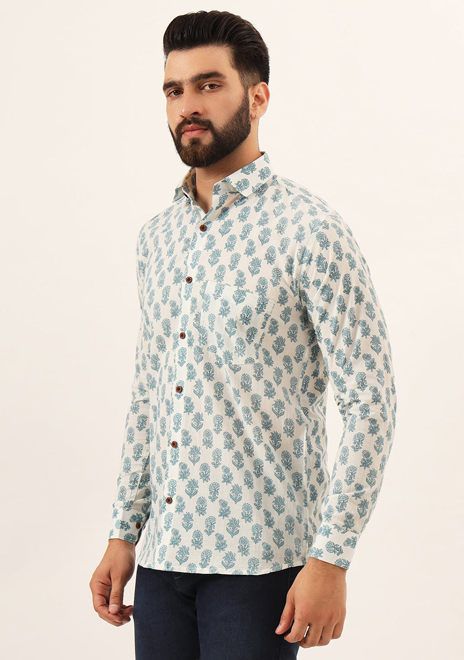 White Floral Print Pure Cotton Regular Fit Casual Shirt