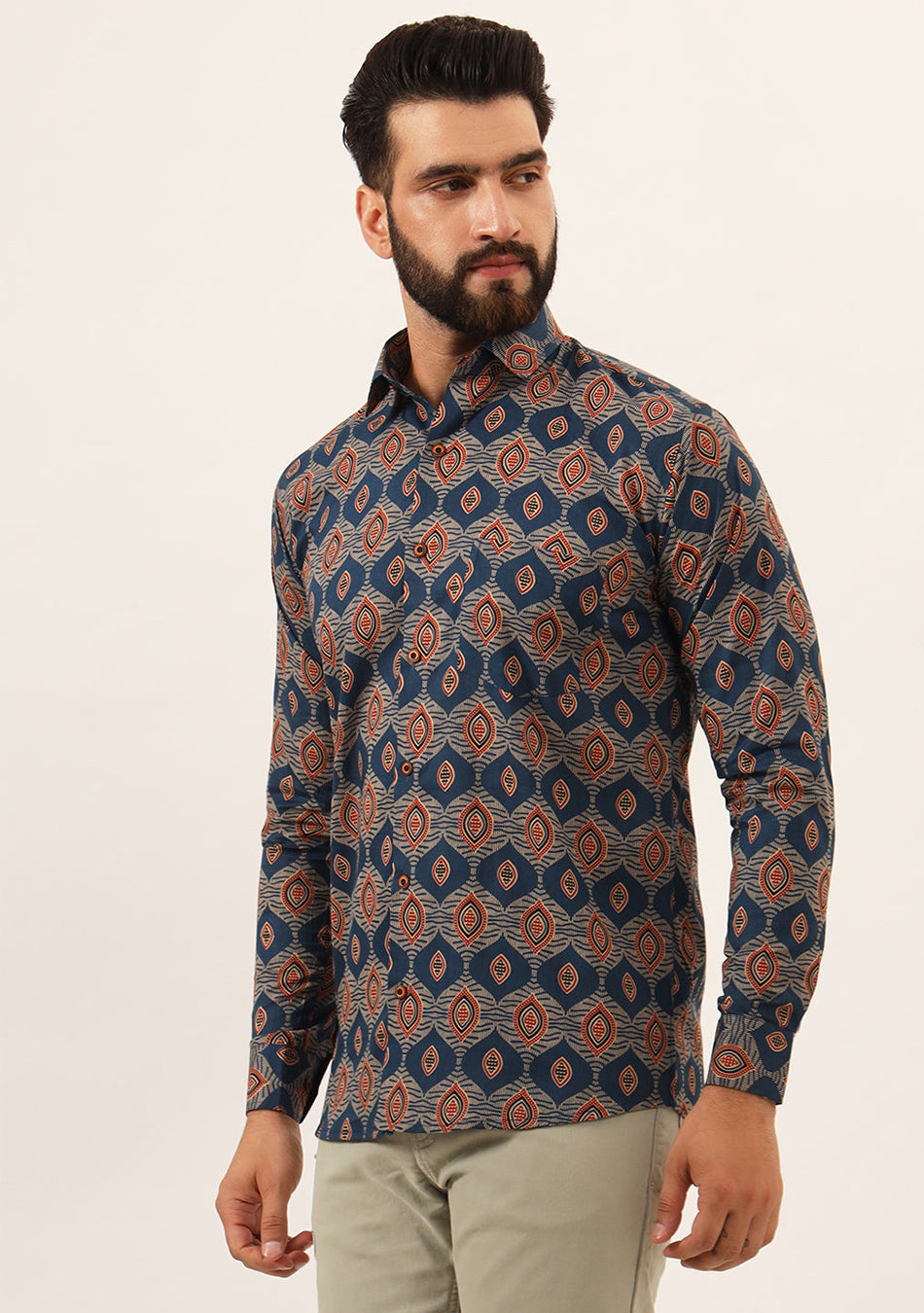 Blue Printed Pure Cotton Regular Fit Casual Shirt