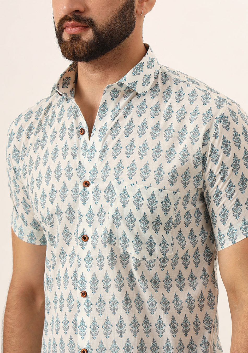 Sky Blue Geometric Pure Cotton Regular Fit Casual Shirt for Men
