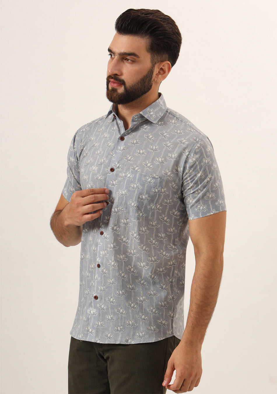 Grey Printed Pure Cotton Regular Fit Casual Shirt for Men
