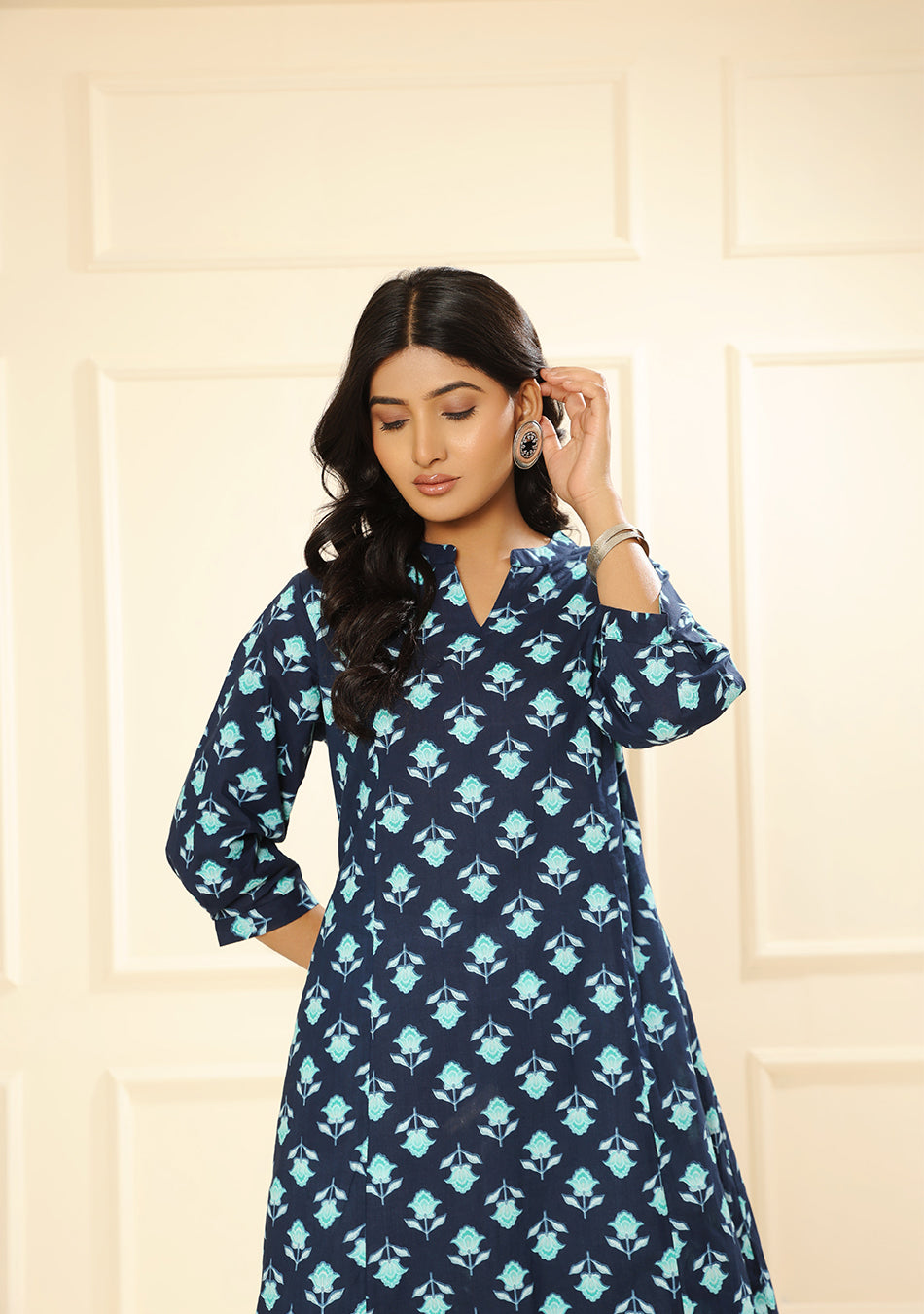 Teal Flower A-Line Kurta