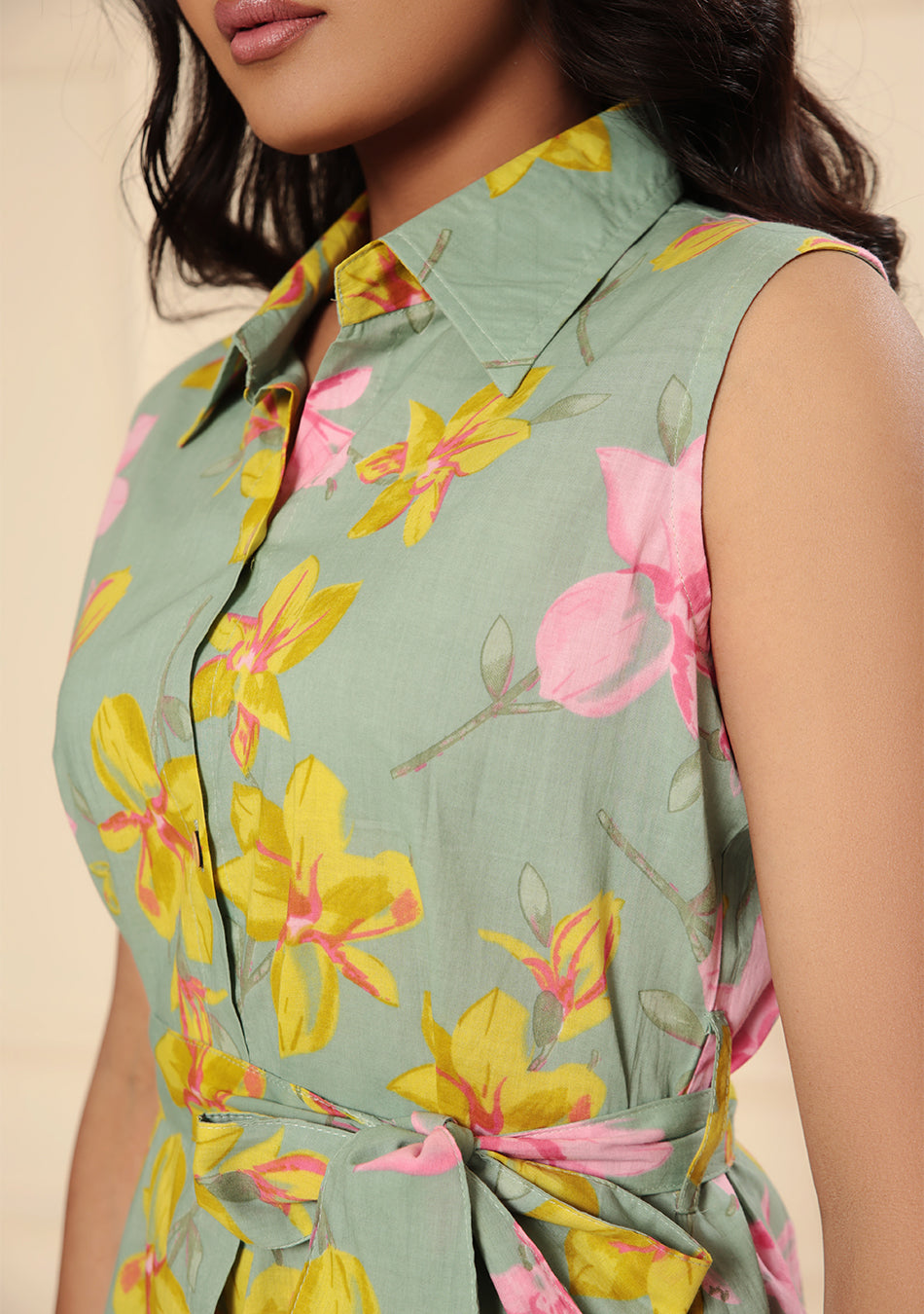 Sage Green Floral Print A-Line Midi Dress