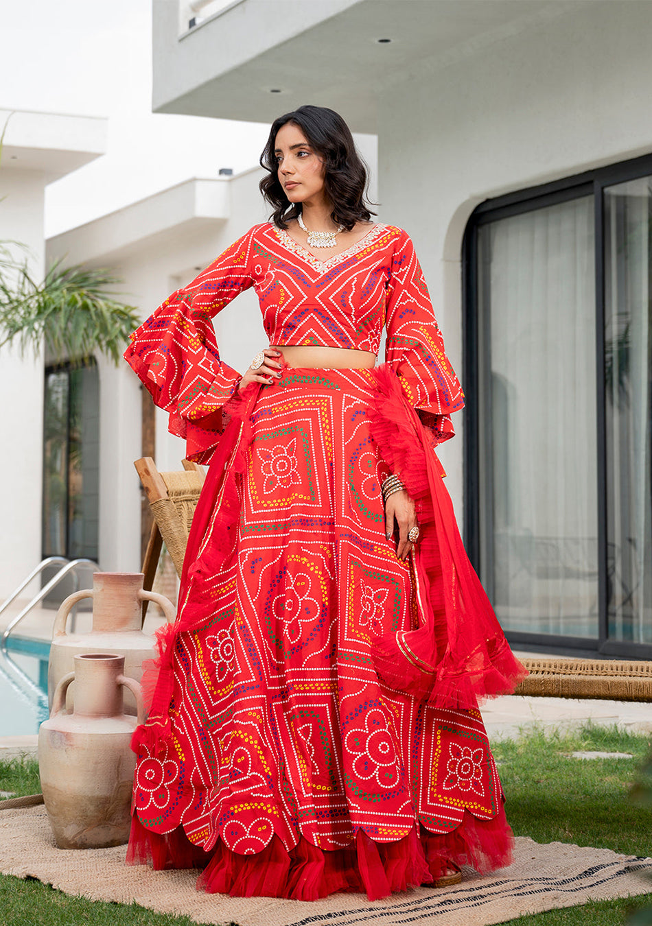 Bandhani Printed Cotton Lehenga & Blouse With Dupatta
