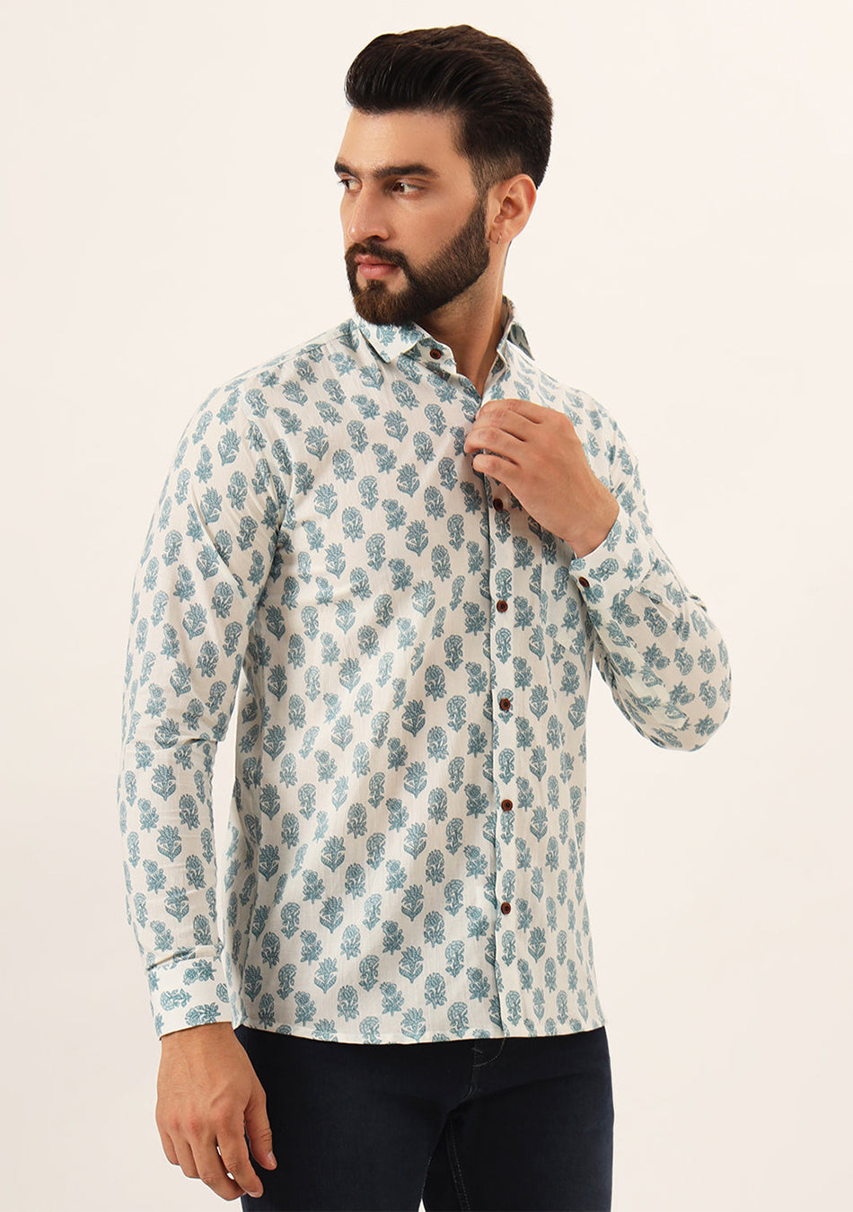 White Floral Print Pure Cotton Regular Fit Casual Shirt