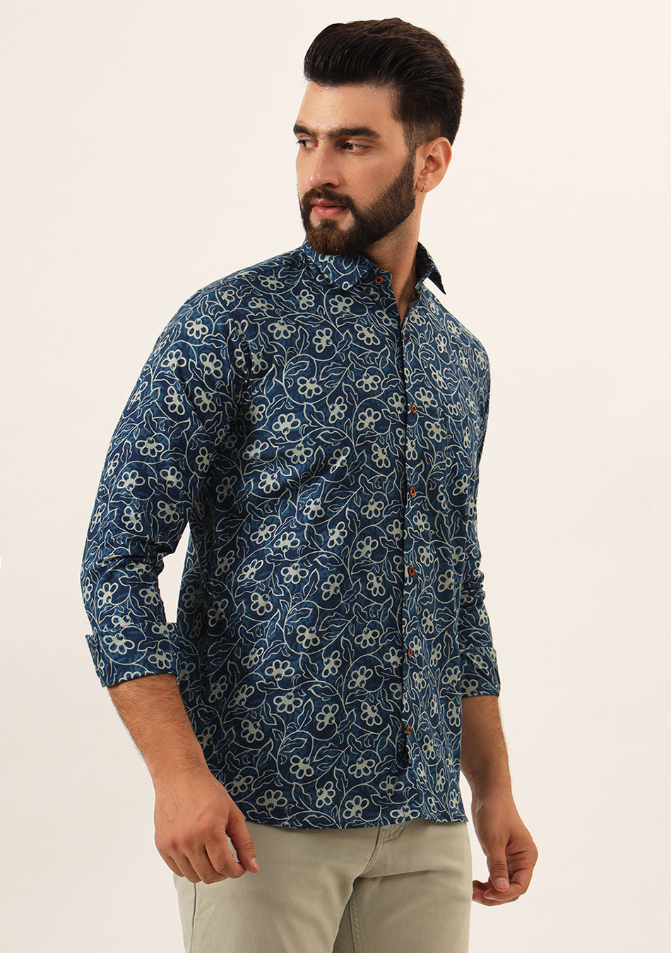 Blue Floral Print Pure Cotton Regular Fit Casual Shirt