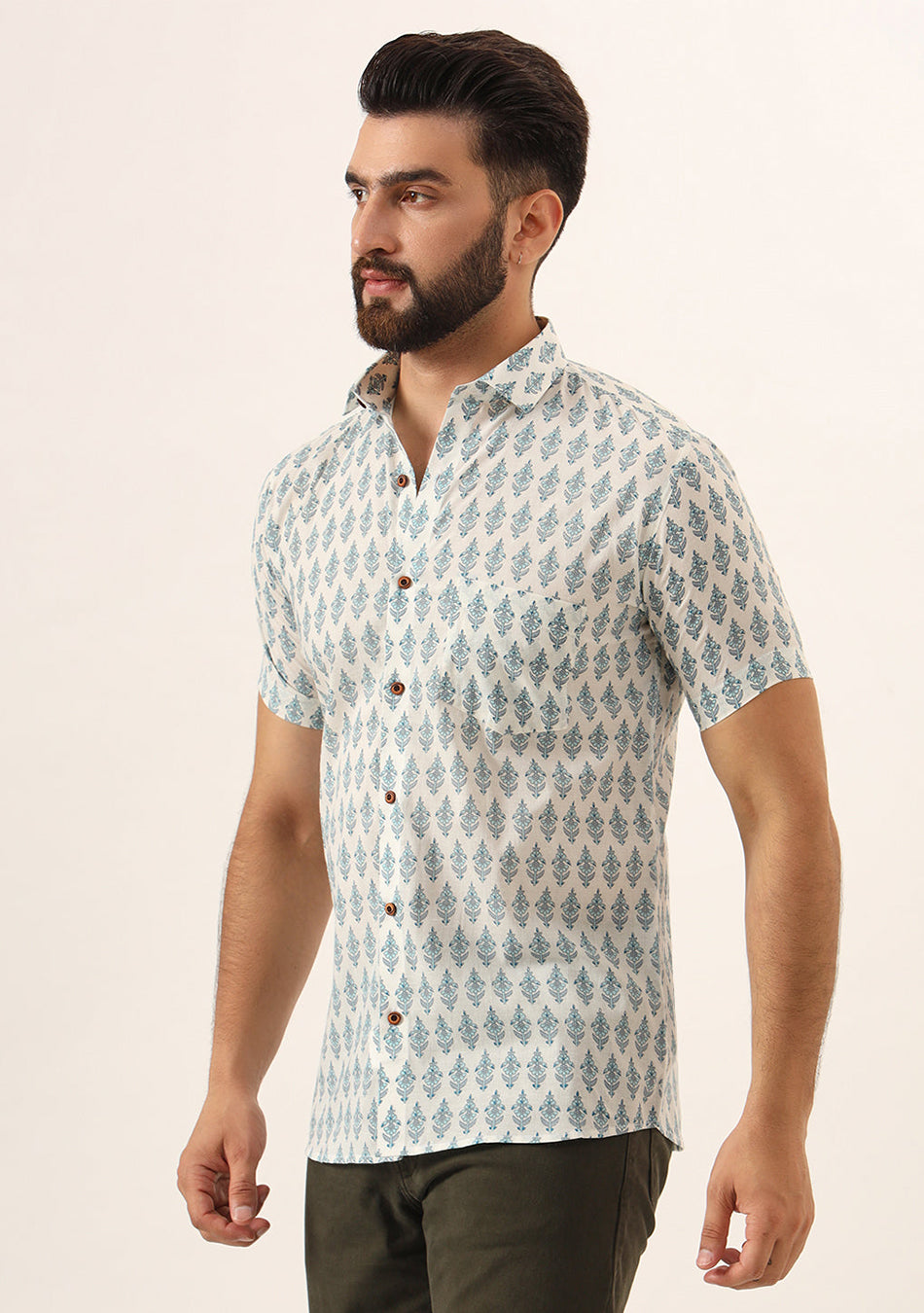 Sky Blue Geometric Pure Cotton Regular Fit Casual Shirt for Men