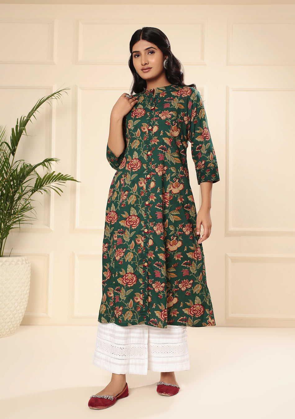 Emerald Bloom Floral Print A-Line Kurta