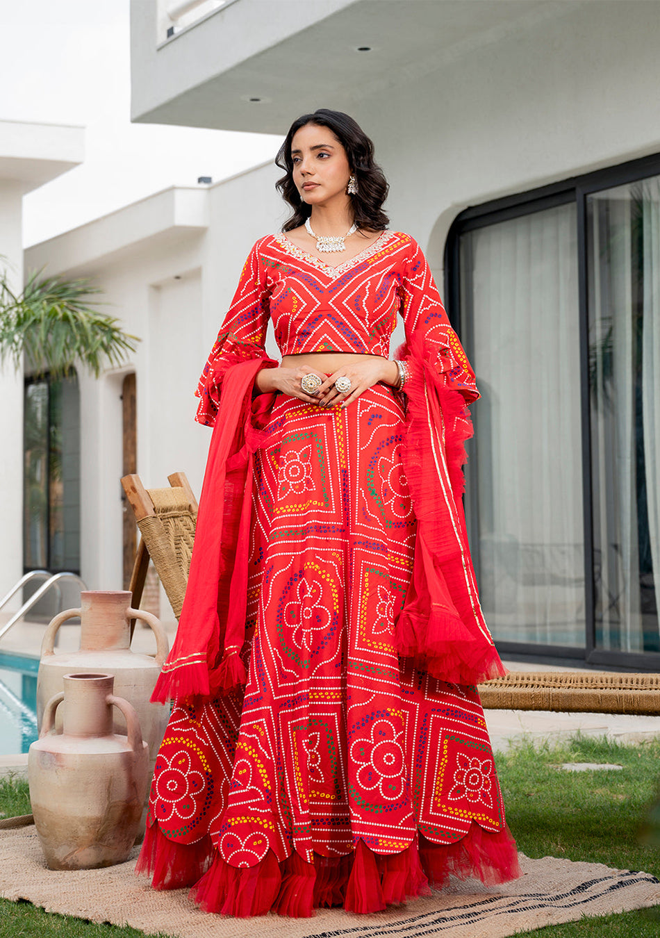 Bandhani Printed Cotton Lehenga & Blouse With Dupatta
