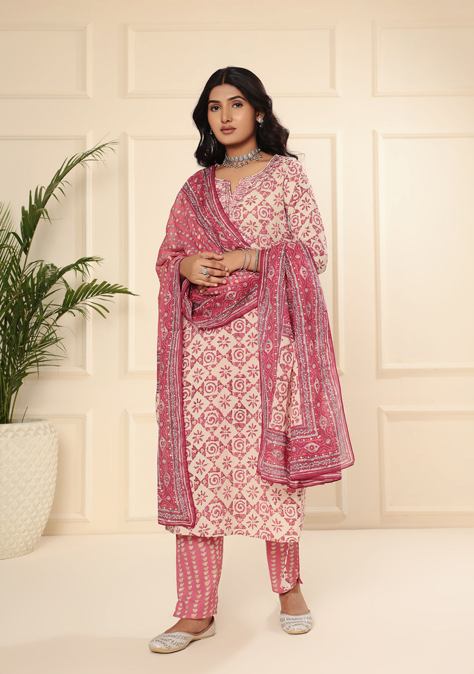 White & Red Floral Print kurta Pant set with Dupatta