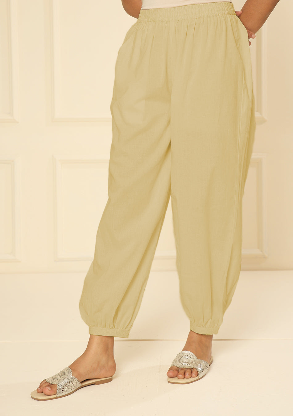 BEIGE EMBROIDERED LACE CUFF PANTS