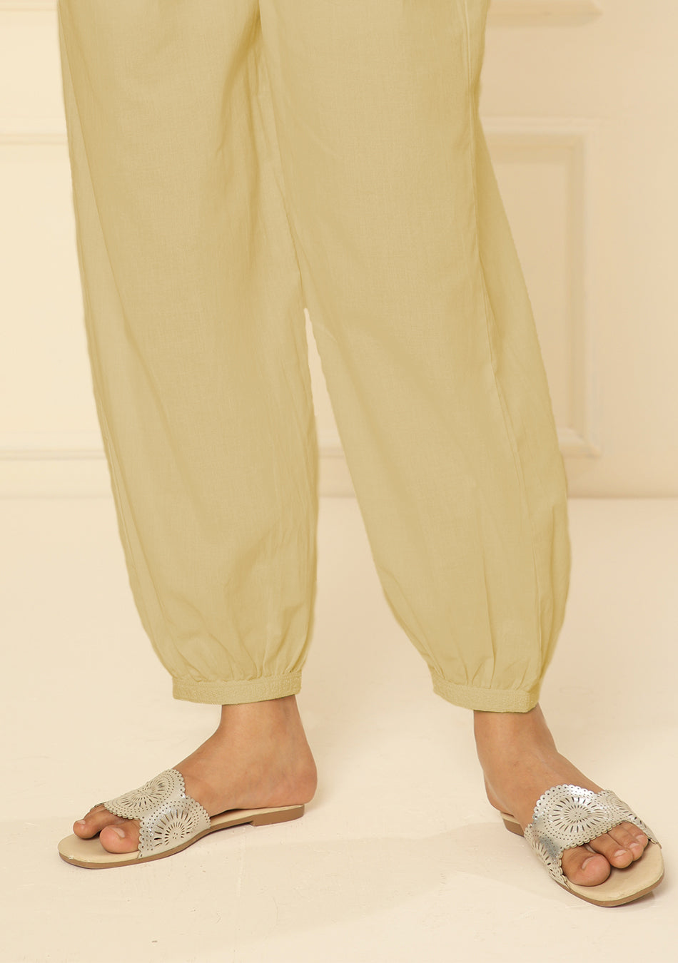 BEIGE EMBROIDERED LACE CUFF PANTS