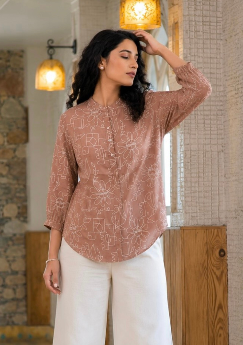 Mandarin Collar and Half Button Placket Detail on Earthy Sketch Top