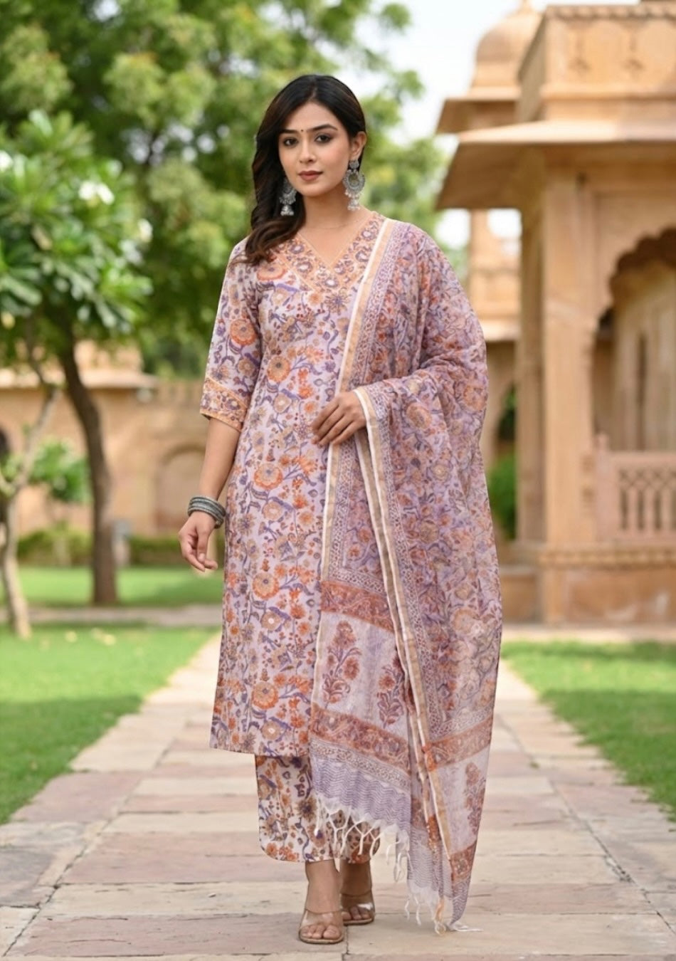 Lilac Blossom Hand Block Printed Suit with Dupatta